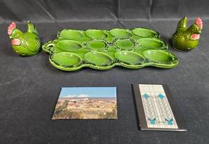 lot 98 image: Vintage Green Ceramic Deviled Egg Plate with Chicken Salt and Pepper Shakers and Magnets