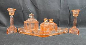 lot 99 image: Vintage Pink Depression Glass Vanity Set with Candlestick Holders