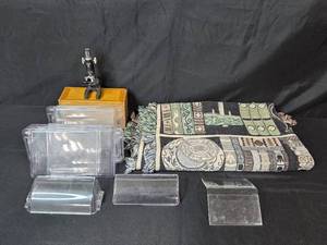 lot 109 image: Vintage Tabletop Microscope with Wood Box Set of Clear Plastic VentDisplay Covers