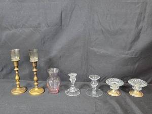 lot 110 image: Collection of Glass Candlestick Holders and a Pink Vase