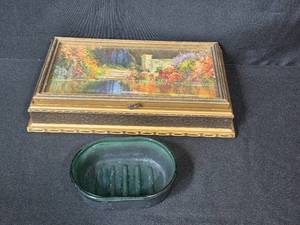 lot 125 image: Vintage Decorative Jewelry Box and Green Glass Soap Dish
