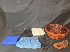lot 128 image: Assorted Lot of Scarves with Wicker Basket