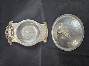 lot 145 image: Vintage Hammered Aluminum Serving Tray and Lid Set with Floral Handles