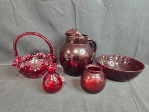 lot 146 image: Vintage Ruby Red Glassware Collection with Basket, Pitcher, and Bowl