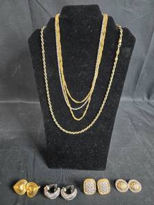 lot 153 image: Collection of Gold Tone and Silver Tone Necklaces and Earrings