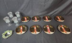 lot 179 image: Set of 8 Becca Barton Holiday Plates with Regency International Decorative Wreath and 4 Crystal Wine Goblets