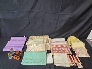 lot 182 image: Assorted Vintage Textiles, Napkin Rings, and Glass Shakers Set