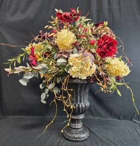 lot 216 image: Large Floral Arrangement with Hydrangeas and Red Foliage in Tall Vase