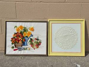 lot 218 image: Set of 2 Framed Vintage Wall Art Pieces - Embroidery and Paper Art