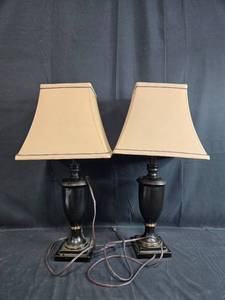 lot 225 image: Pair of Classic Black Table Lamps with Beige Shades