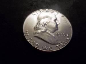 lot 1 image: 1955 Franklin Half Dollar (Bugs Bunny Strike)
