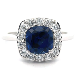 lot 8 image: 1.50 Carat Blue Sapphire & Pav Diamond Cushion Halo Ring in 14k White Gold w Report VIDEO