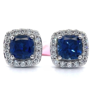 lot 10 image: 1.50 Carat Blue Sapphire & Pav Diamond Halo Stud Earrings in 14k White Gold w Report VIDEO
