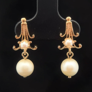 lot 36B image: Cultured White Pearl Vintage Drop Earrings in 14k Yellow Gold