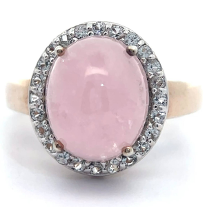 lot 37B image: Oval Cabochon Rose Quartz & Pav White Topaz Ring VIDEO