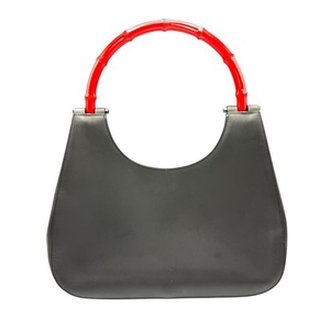 lot 19B image: Gucci Black Leather Red Lacquered Bamboo Handle Tote Bag Pre-Owned Retail $1,200