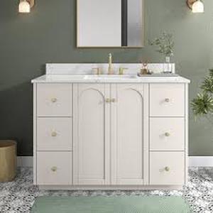 Home Decorators Collection Anabelle 48 in. Single Sink Soft Grey Bath Vanity with Engineered Marble Carrara Marble Top (Assembled) Customer Returns See Pictures