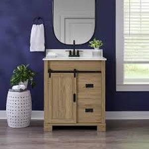 Glacier Bay Brindley 30 in. Single Sink Freestanding Aged Oak Bath Vanity with White Engineered Stone Top (Assembled)  Customer Returns See Pictures