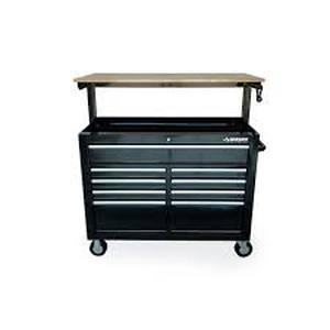 Husky 46 in. x 25 in. D 9-Drawer Mobile Workbench with Adjustable Height Wood Top in Gloss Black Customer Returns See Pictures