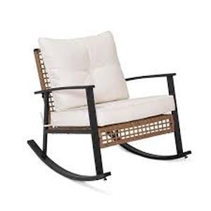 lot 55 image: LAUSAINT HOME Rattan Wicker Outdoor Rocking Chair with Beige Cushions   Customer Returns See Pictures