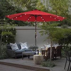 lot 30 image: Hampton Bay 9 ft. Steel Solar LED Lighted Patio Market Umbrella with Auto Tilt, Easy Crank Lift in Chili Red    Customer Returns See Pictures