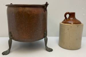 lot 5 image: Large Copper Plant Pot With Lion Claw Feet 13 x 12 & Pottery Moonshine Jug