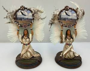 lot 22 image: Fiber Optic Native American Dream Catcher Figurines 10.5 Inches (Both Working) 1 Cracked Wrists