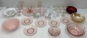 lot 24 image: Misc. Vintage Glassware Including Pink Depression Glass & More (Some Small Chips Present)
