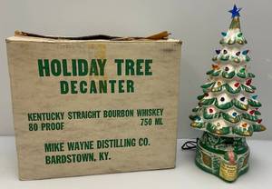 lot 76 image: Vintage 1985 Mike Wayne Distilling Company Kentucky Straight Bourbon Whiskey Light Up Christmas Tree Decanter In Original Box (NEW)