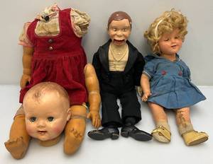lot 83 image: Antique & Vintage Composition Dolls Including Shirley Temple, Composite Charlie McCarthy Ventriloquist Doll And More (Most In Rough Condition)