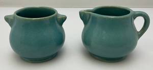 lot 87 image: Vintage 2 12 Tall Rosemeade Demi-CreamSugar Set N. Dakota Pottery 1940-61 Turquoise