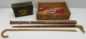 lot 100 image: Vintage Items Including Ammo Box, Three Piece Cane, Louisville Slugger 125B & More