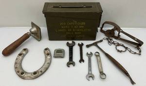 lot 119 image: Misc. Vintage Collectible Items Including Trap, Ammo Box & More