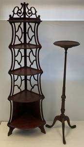 lot 249 image: Antique Ornate Corner Shelf  (Wood Chipped Off On Back Of one Leg) & 40 Tall CandleStandPlant Stand