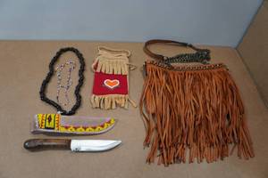 lot 180 image: Vintage Hand Tooled Bags with Necklaces and Knife