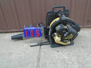 lot 105 image: McCulloch 32 backpack blower. Runs on ether. No further testing. Used. As shown.