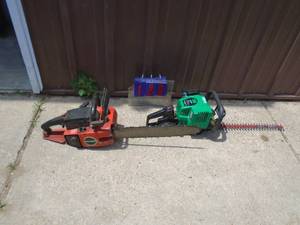 lot 120 image: Craftsman chainsaw & weed eater hedge trimmer. Both work. As shown.