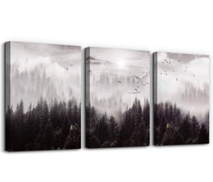 lot 231 image: Brand New Large Size Canvas Wall Art For Living Room Boho Wall Decor For Bedroom Wall Decorations For Office Foggy Forest Trees Wall Paintings Scenery Wall Pictures Artwork Home Decoration 20 X 28 3 Piece Retail $75.99
