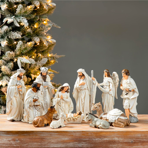 lot 261 image: Brand New Glitzhome 12Pcs Ivory Resin Nativity Figurines Set Christmas Nativity Sets Tabletop Scenes Ornaments Xmas Nativity Collectible Figurines Indoor Decor Miniatures Statues Figures10.00 x 26.00 Retail $112.99
