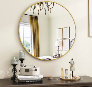lot 265 image: Brand New Gold Round Bathroom Mirror, 20 inch Circle Wall Mounted Hanging Mirror with Simple Modern Circular Metal Frame for Hallway, Entryway, Living Room, Gold Frame