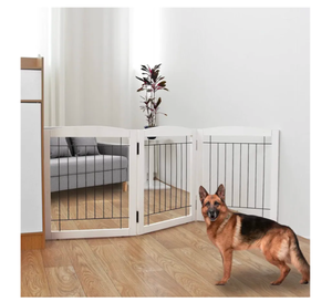 lot 272 image: Brand New ZJSF Freestanding Foldable Dog Gate for House Extra Wide Wooden White Indoor Puppy Gate Stairs Doorways Pet Gate Tall Dog Fence 3 Panels Fence Retail $61.99
