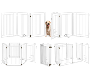 lot 274 image: Brand New Metal Free Standing Dog Gate with Cat Door for IndoorOutdoor,120 Extra Wide Foldable Pet Gate, 32 Tall Puppy Fence for Large Openings Stairs, Deck, Yard, Doorways Retail $139.99