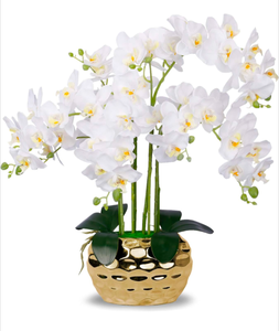 lot 244 image: Brand New Artificial Orchid in Gold Vase White Silk Faux Orchid Plant in Gold Pot Fake Flower Arrangement $67.99 Retail