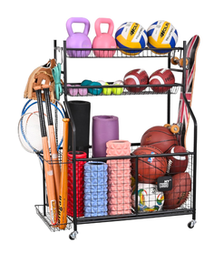 lot 211 image: Brand New Mythinglogic Sports Equipment Garage Organizer, Garage Ball Storage for Sports Gear and Toys, Rolling Ball Cart with Wheels for IndoorOutdoor Use Retail $94.99