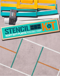 lot 221 image: Brand New STENCILIT Pickleball Court Stencil Kit for Concrete Thick Plastic, Half-Court Kit for Driveway & Concrete, Reusable, Easy Assembly, for a 44 Long and 20 Wide Court Retail $119.99