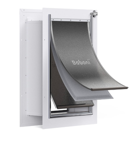 lot 225 image: Brand New Baboni 3-Flap Pet Door for Wall, Steel Frame and Telescoping Tunnel, Aluminum Lock, Double Flap Dog Door and Cat Door, Strong and Durable Pets Up to 100 Lb Large Retails $119.99