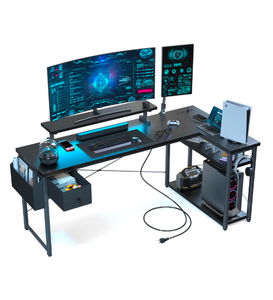 lot 230 image: Brand New Gaming Desk, 47 inch L Shaped Gaming Desk, Computer Desk with LED Lights & Adjustable Stand, Power Outlets, Storage Drawer, Reversible with Shelves, Hook, Black Carbon Fiber Retail $79.99