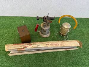 lot 79 image: Mixed Vintage Lot- Lantern, Torch, Camera, Coleman Stand