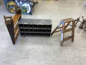 lot 133 image: Bolt Bin, Step Ladder and Shelf with Hand Saw Sides