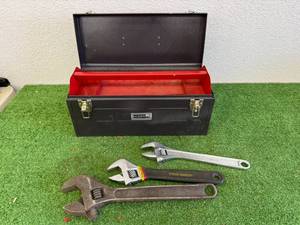 lot 180 image: Large Adjustable Wrenches & Tool Box